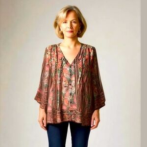 New Directions Floral Boho Print Relaxed Fit Button Front Top Size S